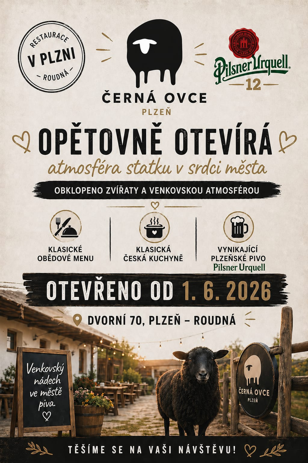 Plakát restaurace Černá Ovce v Plzni - znovuotevření 1.6.2025, klasická česká kuchyně a pivo Pilsner Urquell